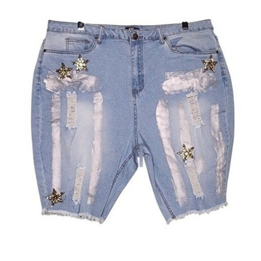 Venus Distressed Denim Jean Shorts Light Wash Gold Rhinestone Star Ripped Grunge